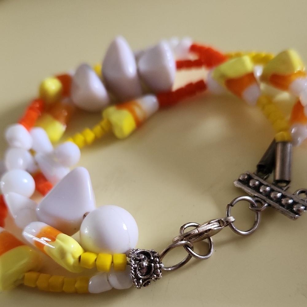 Halloween Candy Corn 3 Strand Glass Beaded Bracelet